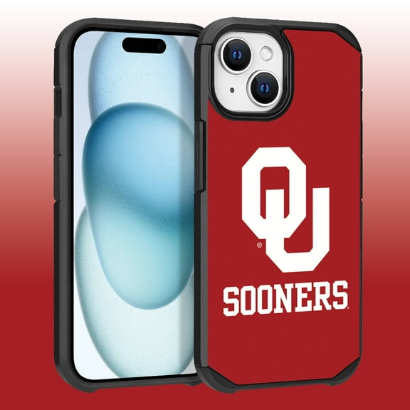 Apple iPhone 15 (6.1) / iPhone 14 (6.1) / iPhone 13 (6.1) - Licensed NCAA University of Oklahoma Sooners Logo on Red Textured Dual Layer Case