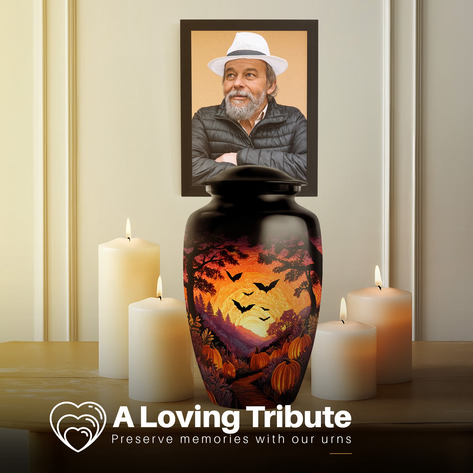 Yatskia Sunset Halloween Large Funeral Burial Urns for Human Ashes Adult Brother and Sister, Small Urns for Human Ashes Keepsake Adult Male and Female, (Classic 10 Inch and 3 Inch)