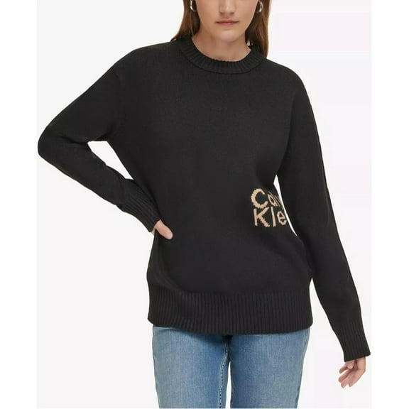 Calvin Klein Women’s Intarsia Logo Oversized Crewneck Sweater, Black, X-Small