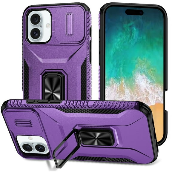 TJS for iPhone 16 Plus Phone Case, Impact Resistant Slide Camera Cover Shockproof TPU PC Lens Protection Metal Ring Magnetic Support Kickstand Cover (Purple)