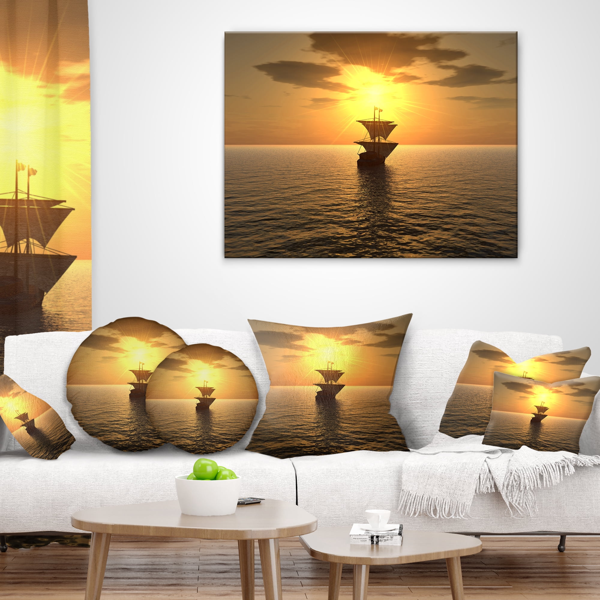 Designart Ship and Sunset - Seascape Photography Throw Pillow - 18x18