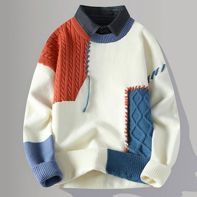 Styesk Chandail Homme Décontracté Imprimé Col Rabattu Couleur Unie Manches Longues Chandail Rayé
