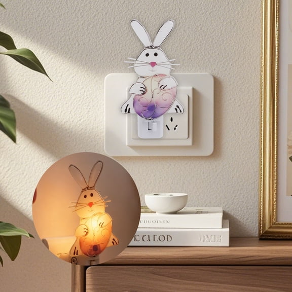 geerera Easter Bunny Night Light, Plug-In Wall Stained Glass Decor with Warm Glow for Bedroom, Holiday, Spring Home Ambiance