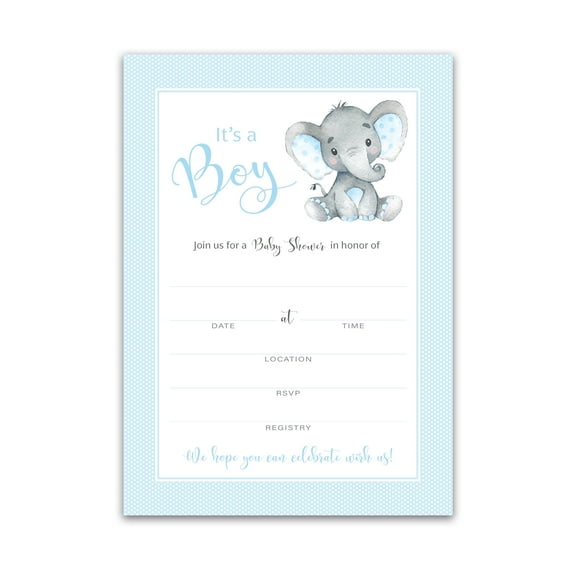 IT’S A BOY! — Boy Elephant BABY SHOWER INVITATIONS— Pack of 25 — BLUE Peanut Baby Shower Blank Fill-in INVITES, Chic, Unique, BLUE Baby BOY Sprinkle Invites, DIY Invites Polka Dot I501-INV1