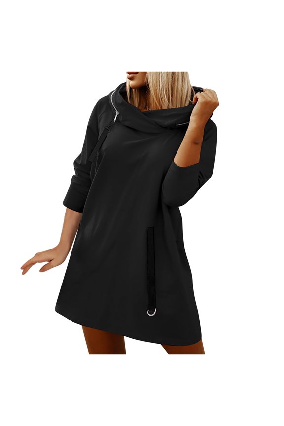 Women's Cowl Neck Zipper Hooded Sweatshirt Solid Color Long Sleeve Casual Loose Drawstring Pullover Hoodies with Pocket Black 4XL