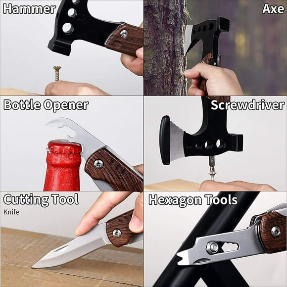 Multitool Camp Axe, Mini Stainless Steel Survival Hatchet, 8 in 1 EDC Hand Tools for Men, Including Protective Case, Multitool Sheath, Suitable for Fishing, Wilderness Survival