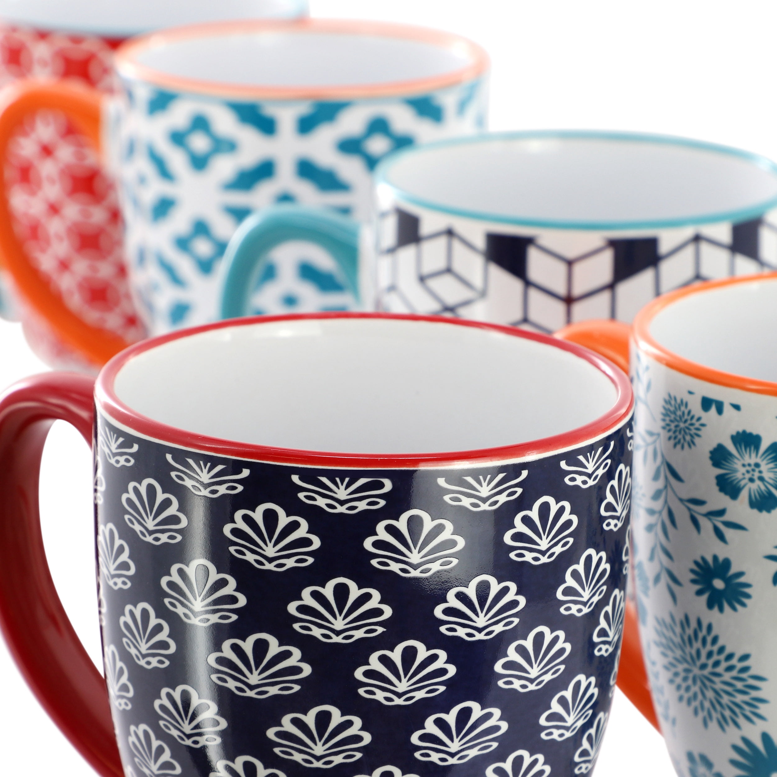 Elama Rory 6 Piece 16 Ounce Assorted Design Stoneware Mug Set in Assorted Colors