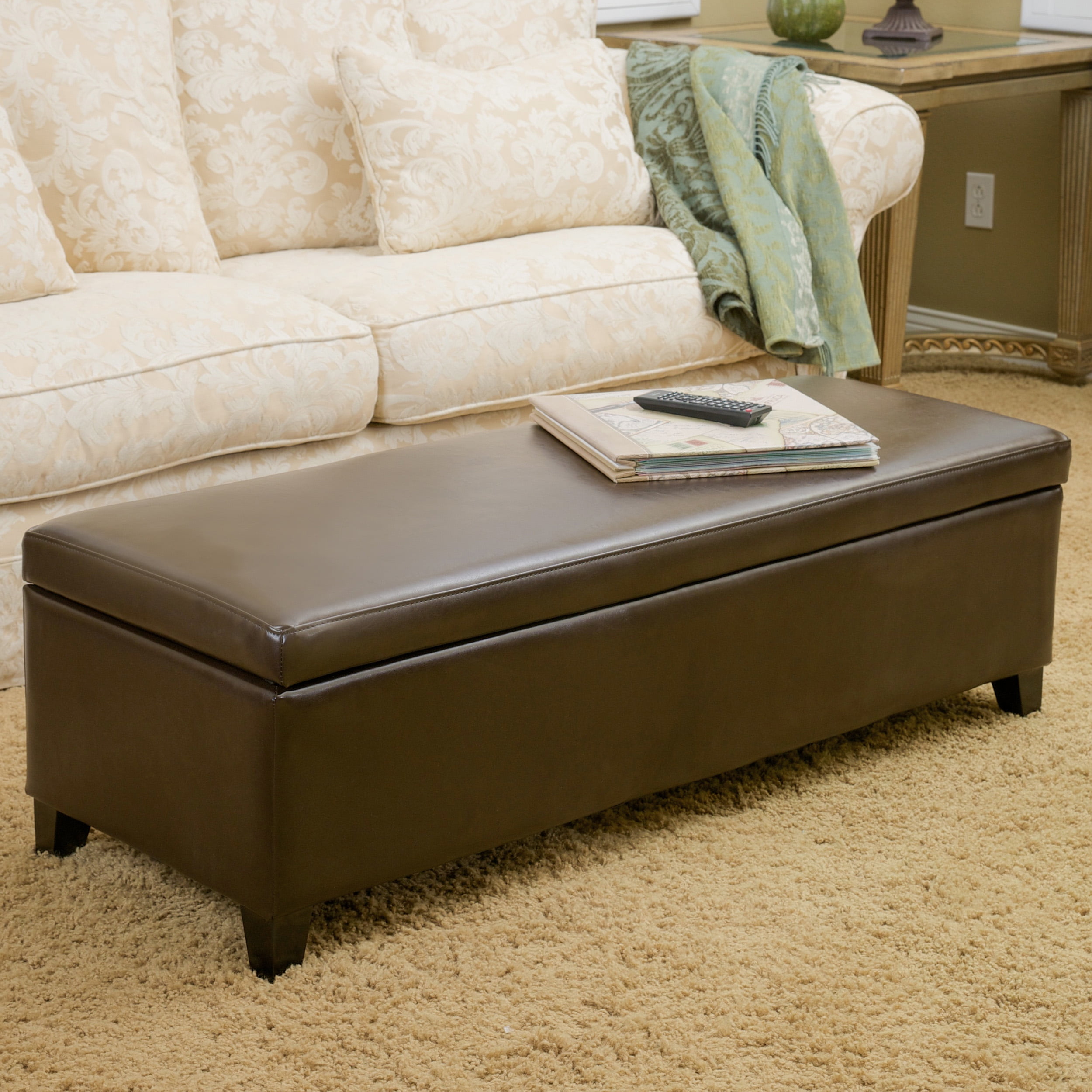 Noble House Hansen Brown Bonded Leather Storage Ottoman