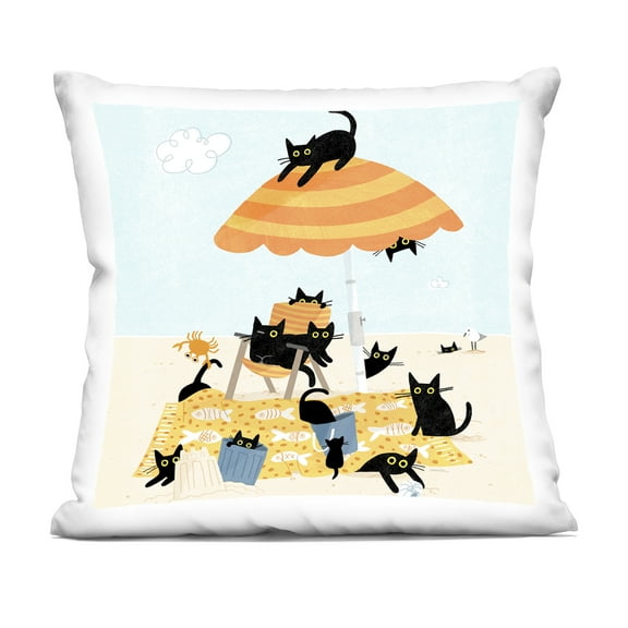 Stupell Industries Black Cat Beach Day 18" x 18" Animals Print Polyester Throw Pillow, Zip Closure 1 Count