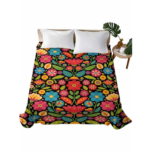 Boho Flower Flat Sheet Only Twin Size, Soft Breathable Bed Top Sheets for Mattress, Red Blue Yellow Colorful Mexico Tribal Luxury Bedding Flat Sheets for Home Hotel Bedroom Bed Protection