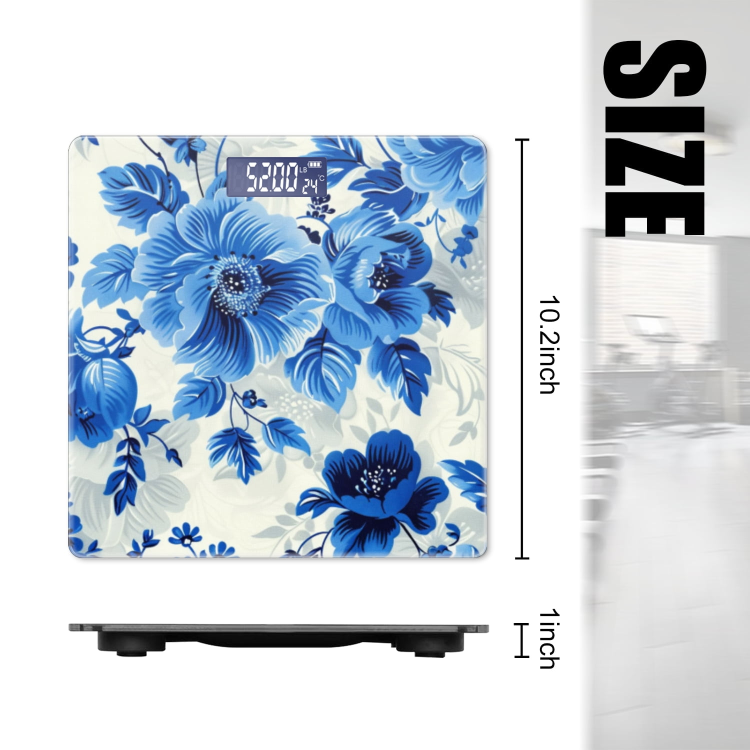 High Precision Body Weight Scale Smart Bathroom Scales with Large LCD Display(400lbs),Decorative for Bedroom-Blue And White Floral Pattern Of Large Flowers Small Leaves