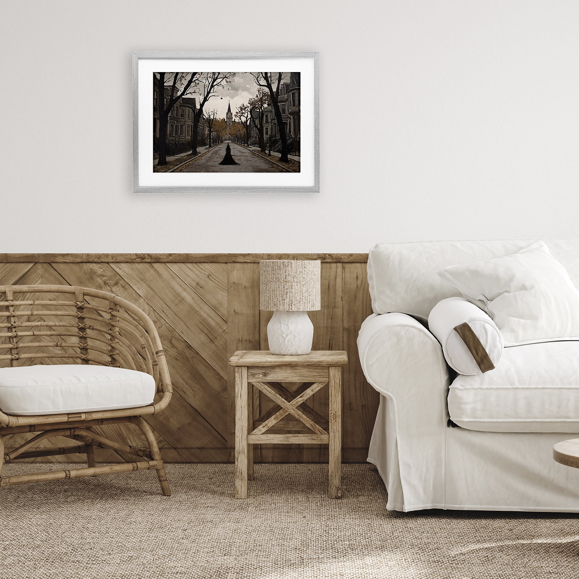 Stupell Industries Witch Strolling Town Streets Gray Framed Print Under Glass, design by Jacky Ngan