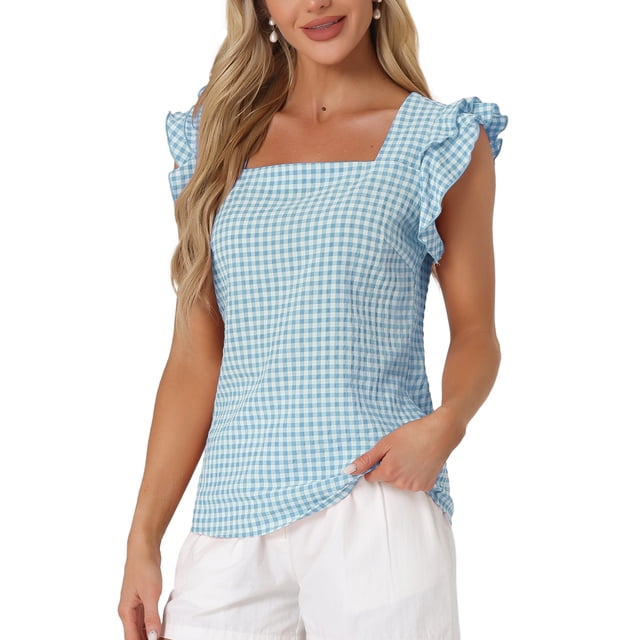 INSPIRAR CHIC Blusas de Cuadros para Mujeres con Cuello Cuadrado y Mangas de Volante Verano XS Azul Lago