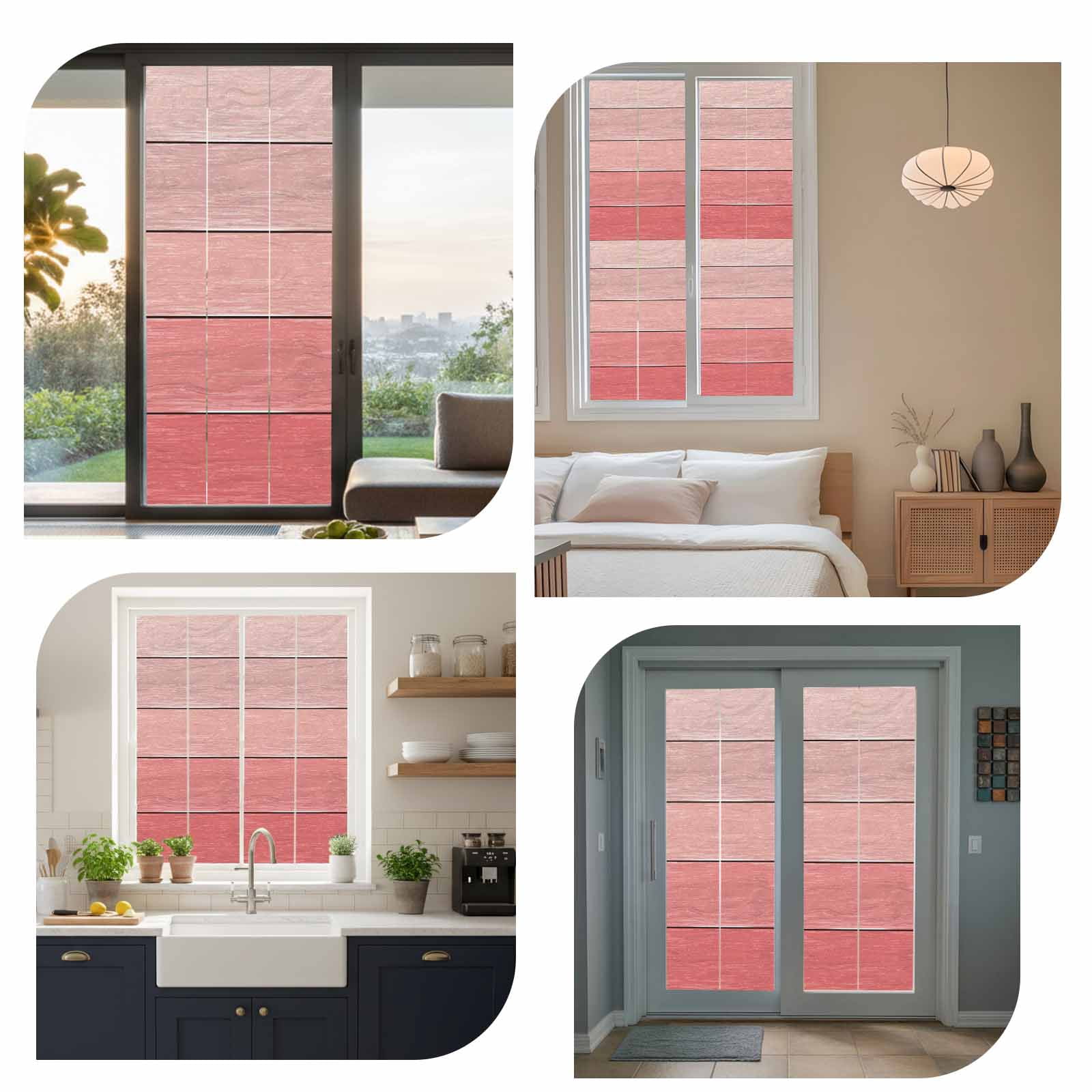 Gradient Pink Window Privacy Film, Wood Grain Abstract Striped Simple Vintage Frosted Glass Window Clings Static Cling UV Heat Blocking Reusable Door Sticker for Bathroom 23.6 x 59 Inch