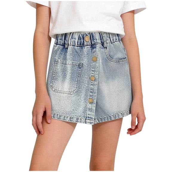 Afuyipoi Girls Skort Denim,Layer Ride Guard Pocket Elastic Waist Summer Jean Shorts Blue 7-8