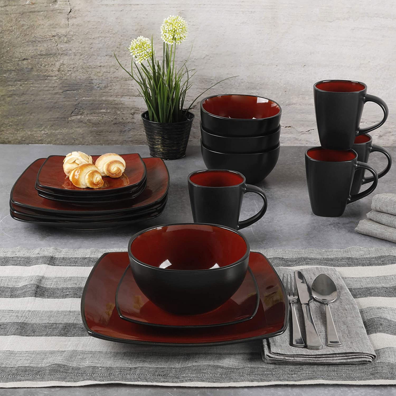 Gibson Soho Lounge 16-Piece Square Stoneware Dinnerware Set in Red – Modern Red and Black Dish Set for Stylish Dining, Microwave & Dishwasher Safe