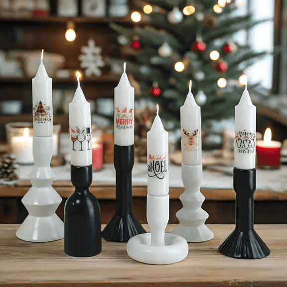 5 Inch Hand Painted Christmas Taper Candles, Handmade Holiday Decor Pillar Candles for Festive Table Centerpiece, Christmas Gift, 6 Pack