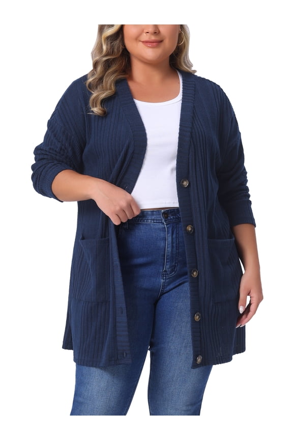 Women's Plus Size Button up Cardigan V Neck Long Sleeve Pocket Ribbed Knit Loose Casual Sweater 1X Navy Blue