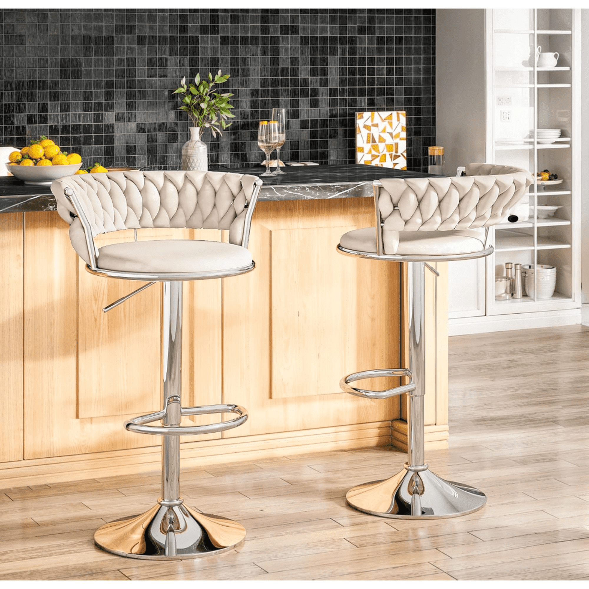 MOOSENG Beige Velvet Bar Stools Set of 2 - Adjustable Height Swivel Kitchen Stools with Low Back for Dining Room, Breakfast Bar, Home Decor&Entertaining Guests