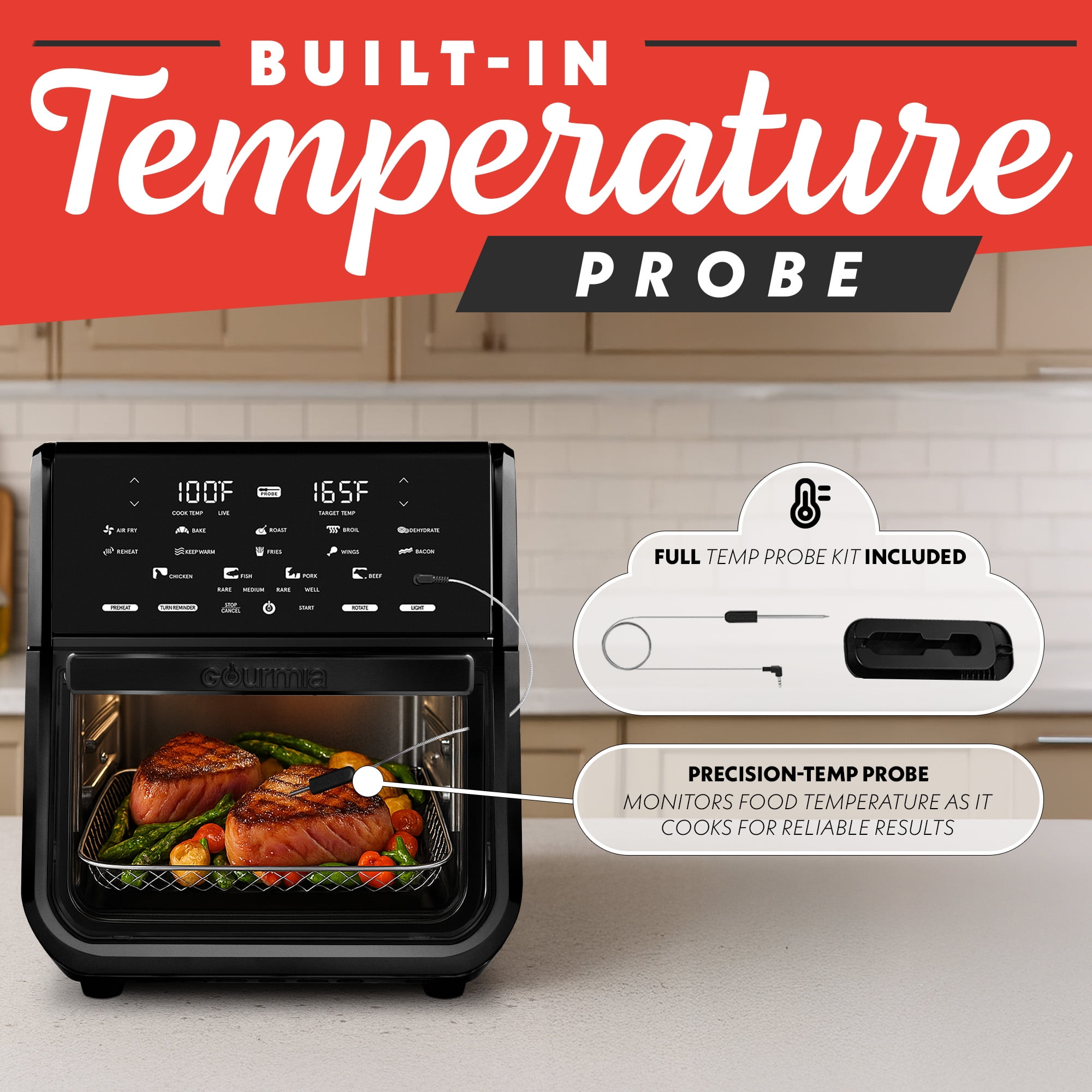 Gourmia All-in-One 14-Quart Air Fryer, Oven, Rotisserie, Dehydrator with Temperature Probe, Black