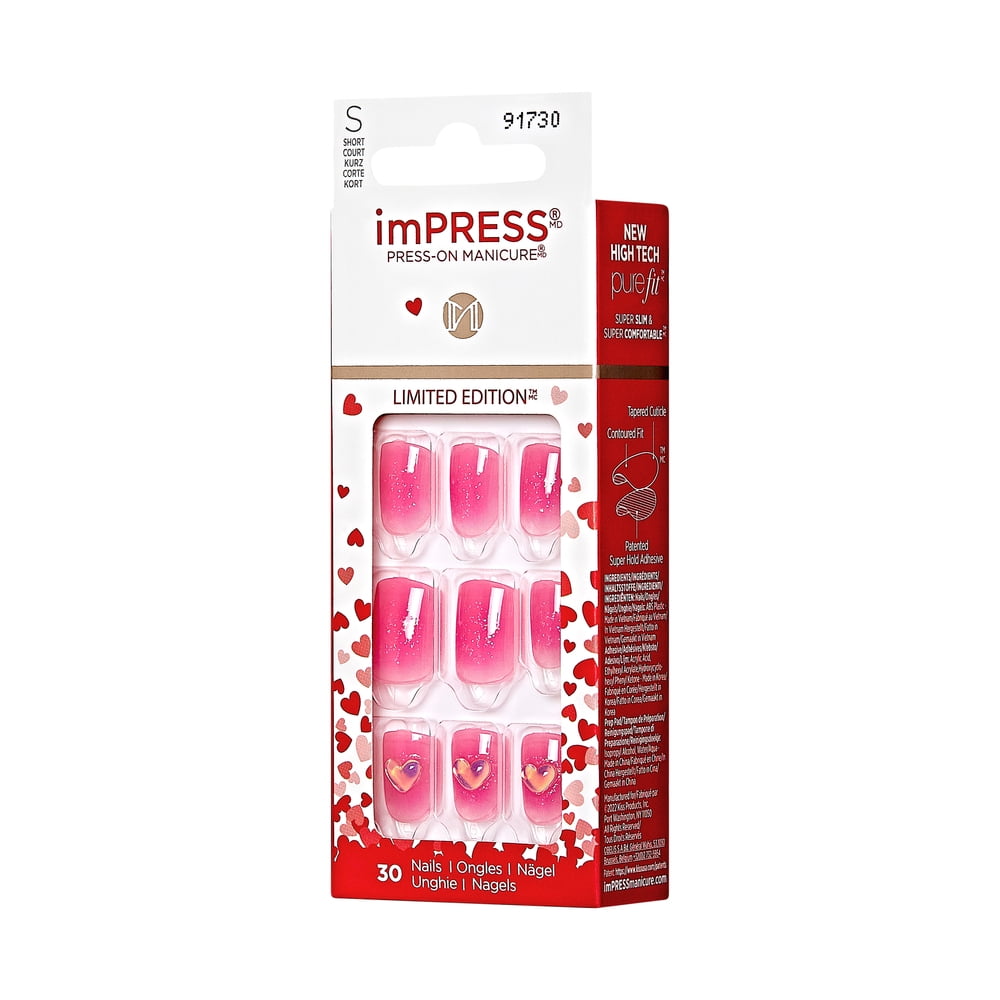 imPRESS Valentine Press-On Nails, No Glue Needed, Pink, Short Square, 33 Ct.