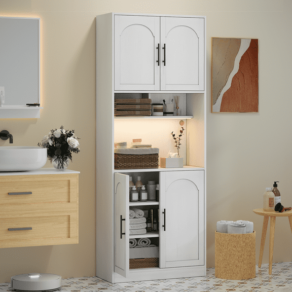 71" Tall Freestanding Pantry Cabinet with LED Lights – Modern Kitchen Storage Hutch – Microwave Shelf – Adjustable Shelves – Versatile Use for Dining, Living Room, Bathroom