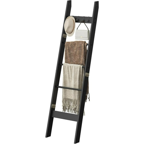 Blanket Ladder for Living Room, Decorative Quilt Rack with 4 Removable Hooks, 5-Tier Farmhouse Ladder Holder Shelf Organizer for Bedroom, Black