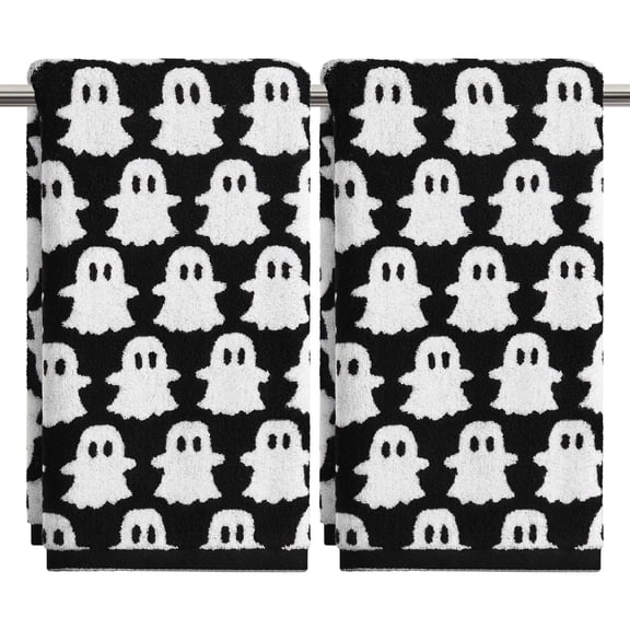 Sm:)e 2PC White Ghosts Jacquard Halloween Towel 13.7 x 29.5 Inch, Cotton Quick-Dry High Absorbency Luxury Bath Towel, Black