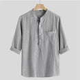 thumbnail image 2 of YanHoo Mens Linen Henley Shirts Loose Button Band Collar Stripes Shirts with Pocket, 2 of 7