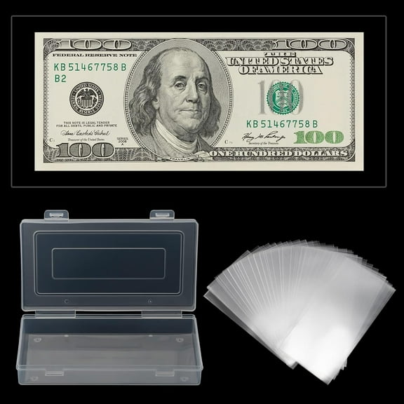 100 Pcs Dollar Bill Holder with Storage Case Bomutovy Plastic Paper Money Holders Currency Sleeves Bill Clear Holders for Regular Bills Protector Case Supplies
