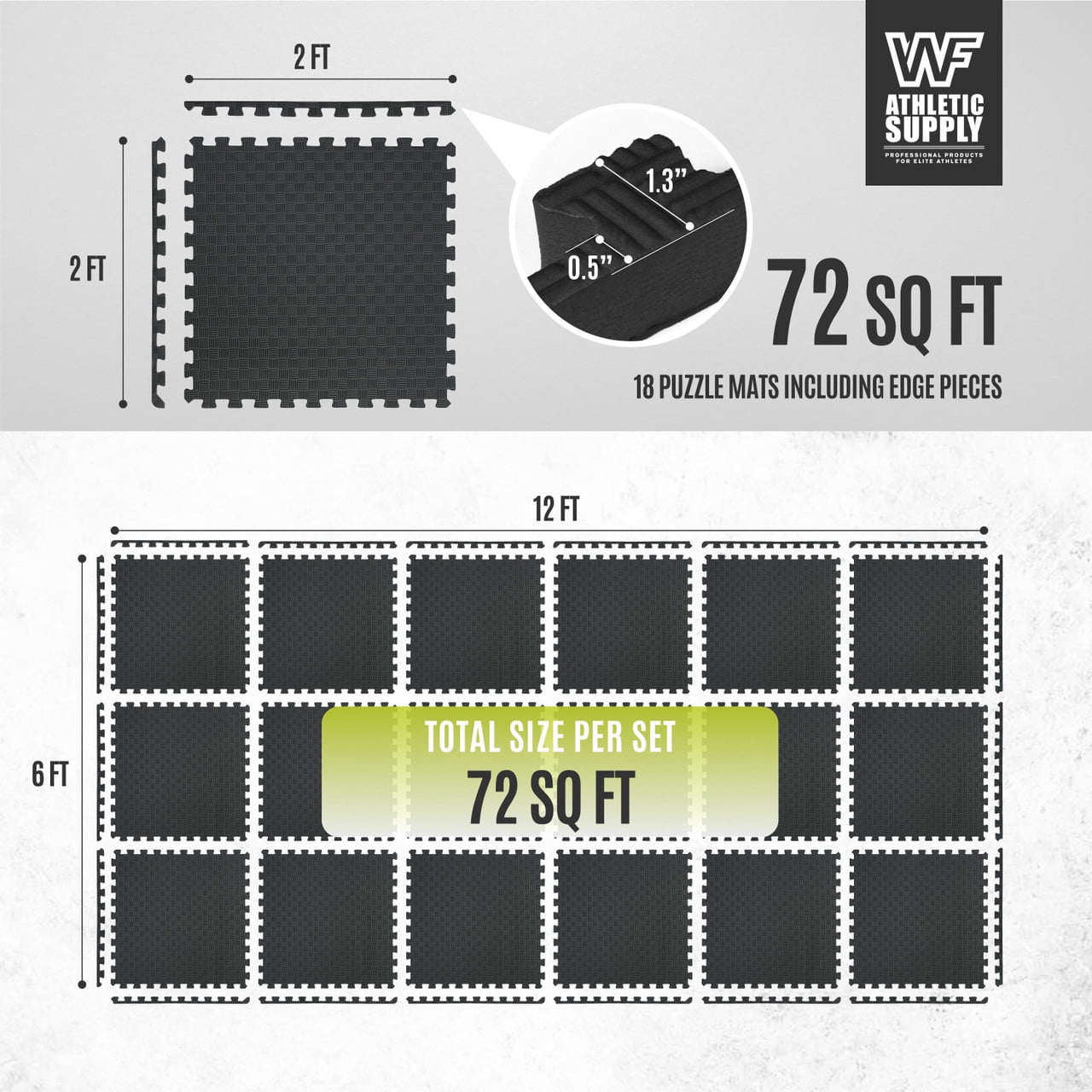 WF Athletic Supply 72 SQ.FT Tatami Pattern 3/4-Inch Thickness Interlocking Exercise Foam Mats, Extra Thick Eva Foam Flooring Tiles, Gym Fitness Equipment Mat, Home Protective Flooring Cushion, Black