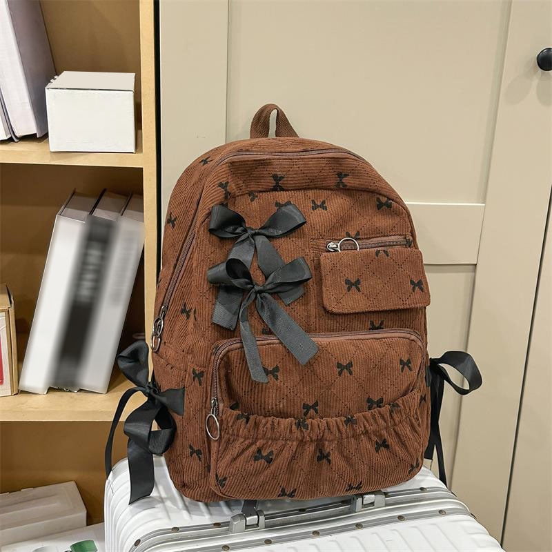 Yucurem Large Capacity Corduroy Backpack with Bow, Lightweight 15.75 inch Laptop Bag for Women, Aesthetic Daypack for College Travel (Brown)