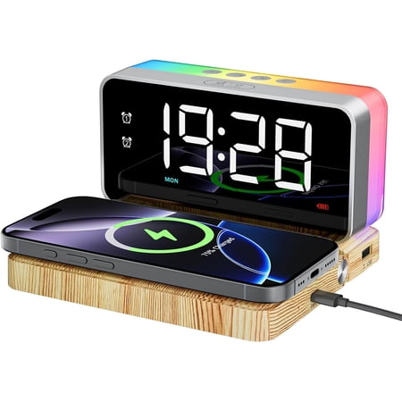 Bedroom Alarm Clock for Heavy Sleepers - 5 in 1 Magnetic 10W Wireless Charger with White Noise Bluetooth Speaker RGB Light Dual Alarm (Woodgrain)