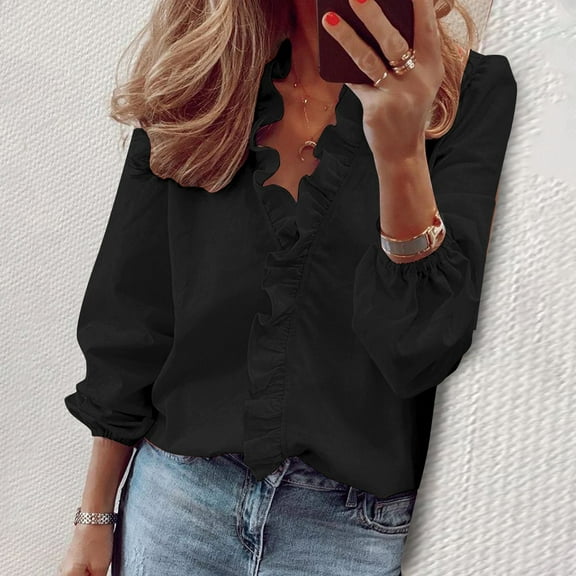 Ruffled Tops for Women Boho V Neck Blouses Fall Outfit 2026 Button Up Shirt Shirts for Women Button Down Blouse Long Lantern Sleeve Blouse V Neck Ruffle Blouse Turn Down Collar Black L