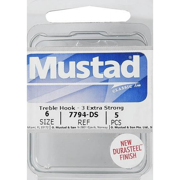 Mustad 3x Strong Treble Hook (Durasteel) - Size: #6 5pc