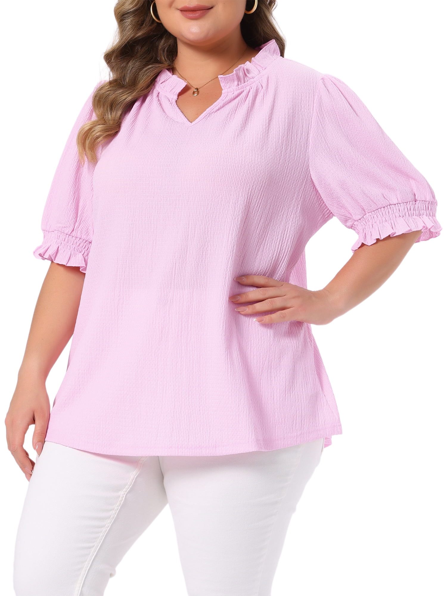 DARING DIVA Women's Plus Ruffled Trim V Neck Puff Sleeve Top 2X Pink