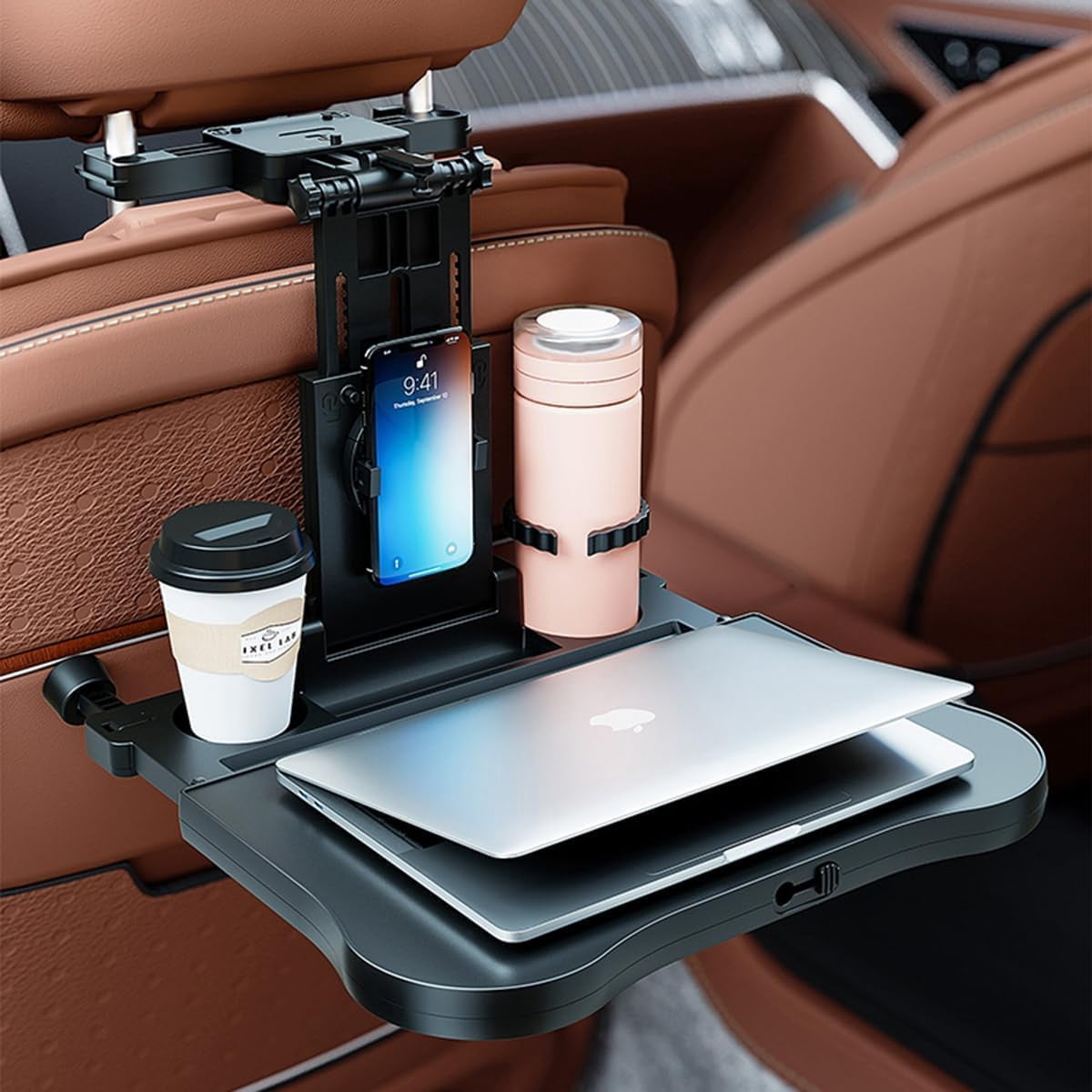 Car Back Seat Tray Table - Stable Foldable Auto Backseat Food Trays Desk for Rear Passenger Road Trip Eating & Work, Multifunctional Adjustable Travel Tray with Phone Drink Holder for Laptop iPad