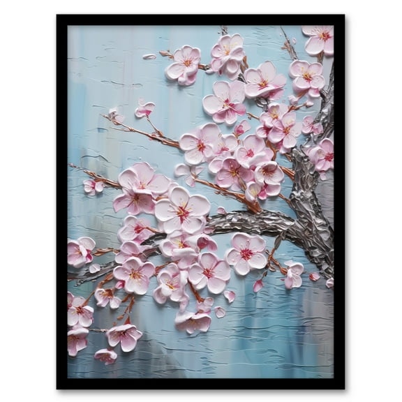 Cherry Blossom Splendor Delicate Elegant Pink And Soft Blue Oil Painting Art Print Framed Poster Wall Decor 12x16 inch