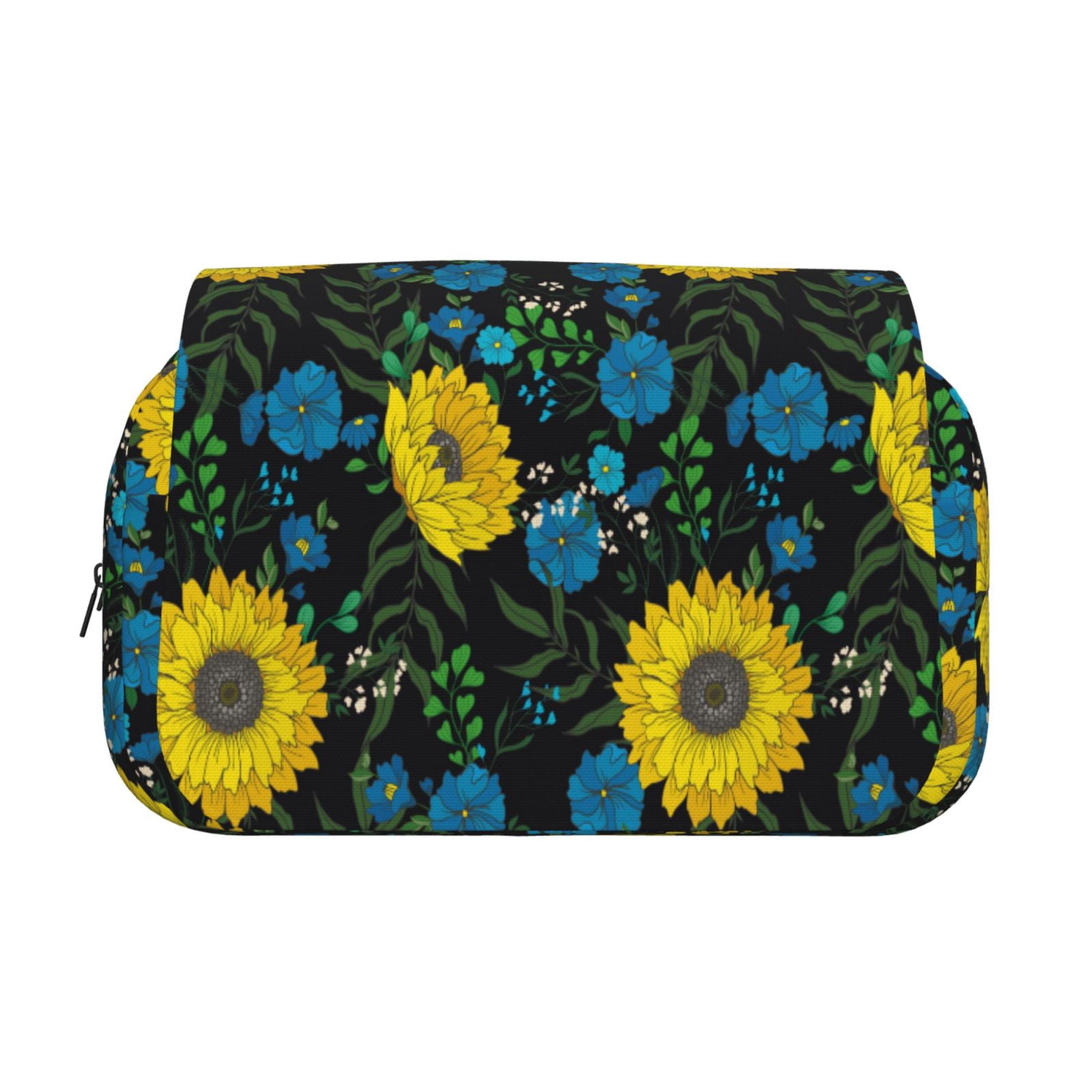 Rateoe Sunflowers And Blue Flower Pattern Double Clamshell Pen Case, Storage Organizer with Two Zipper Compartments– Holds Up to 50 Pencils & Pens