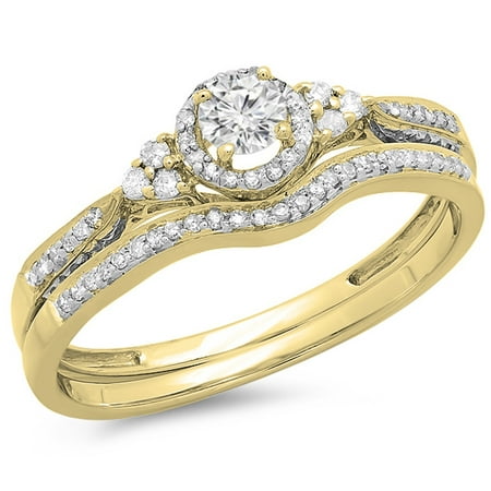 0.30 Carat (ctw) 10K Gold Round Diamond Halo Style Bridal Engagement Ring Matching Band Set 1/3 CT