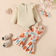 thumbnail image 5 of Quealent Toddler Girl Summer Clothes 2024 Fashion Toddler Baby Girl Birthday Outfit Romper Shirts Flower Bell Bottoms Headband Boho Clothes Beige,12-18 Months, 5 of 5