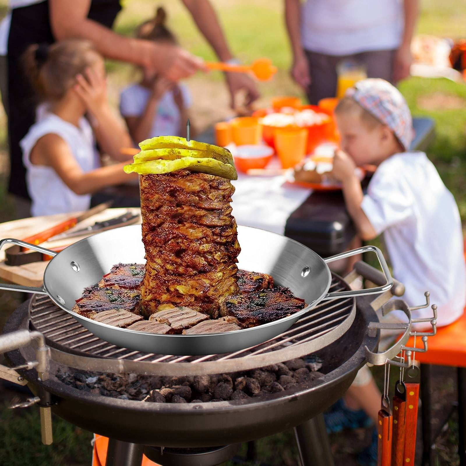Stainless Steel Pan with Skewers for Oven, Ideal for Al Pastor, Shawarma & Kebabs Vertical Skewer Cooking Pan, Oven BBQ Dishes Pan Shawarma Cooking Plate, Oven Skewer Pans(7.87inch)
