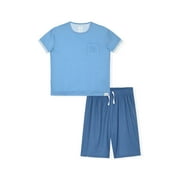Sleep On It Boys 2-Piece Pajama Set - Short-Sleeve Jersey Tee and Waffle Thermal Shorts - Blue Stripe , 12-14