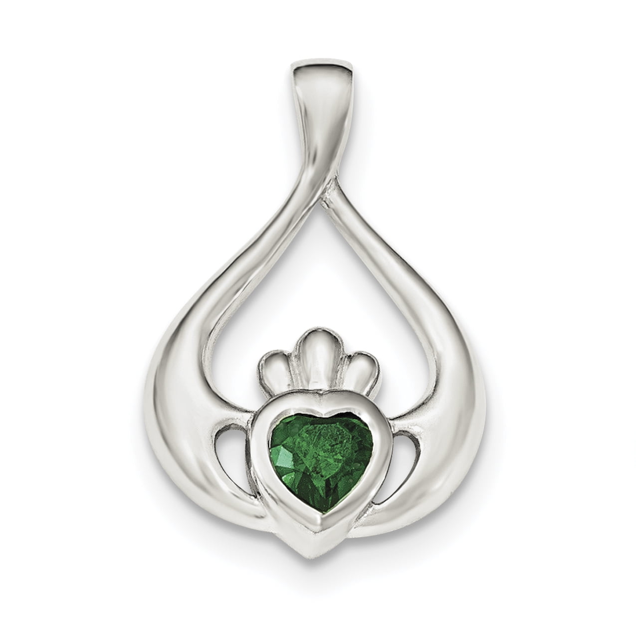 Sterling Silver Green CZ Heart Claddagh Pendant