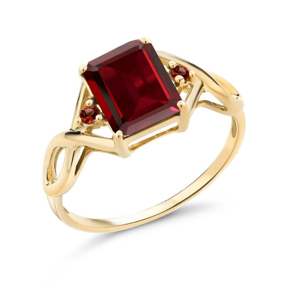 Gem Stone King 2.65 Cttw Red Garnet 18K Yellow Gold Plated Silver 3-Stone Ring for Women | 9X7MM Emerald Cut and 2MM Round | Wedding Engagement Anniversary Promise Ring for Women | Size 7