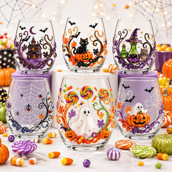 Difdany 2D Halloween Artisan Glassware Collection, Clear Halloween Icon Drinking Glass with Black Cat Owl Candy Ghost Pumpkin and Web Artwork for Drinks Home Decor and Gifting