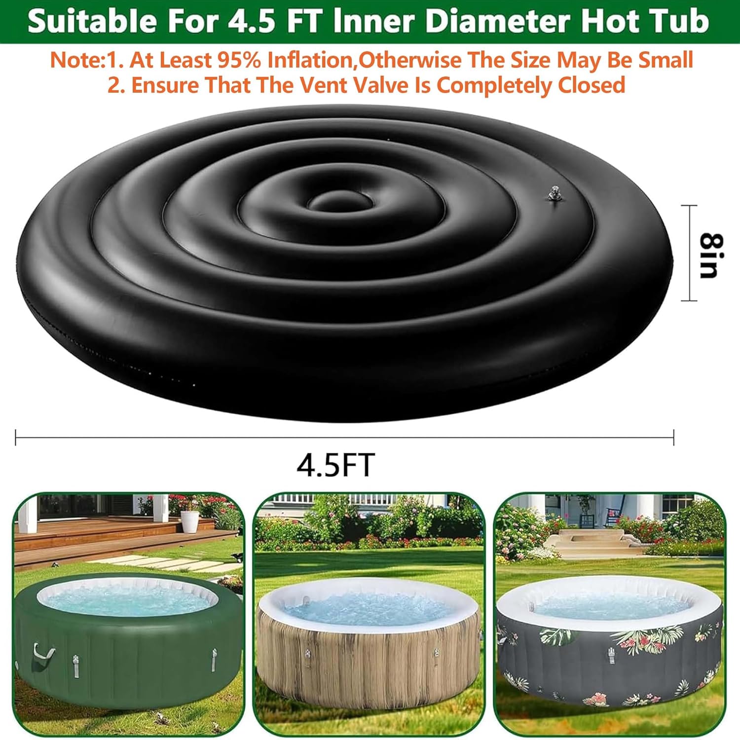 Ebaokuup 4.5' Round Inflatable Hot Tub Cover, Foldable Rainproof Black