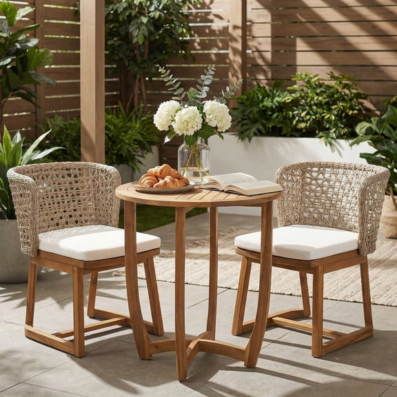Christopher Knight Home 3-Piece Outdoor Bistro Set, Wood Table with Wicker Chairs and Cushions, Teak Beige