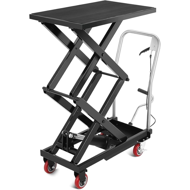 Hydraulic Lift Table Cart 330 lbs Capacity 50 In Double Scissor Lift Table with Locking Wheels and Non-Slip Platform for Material Handling Black