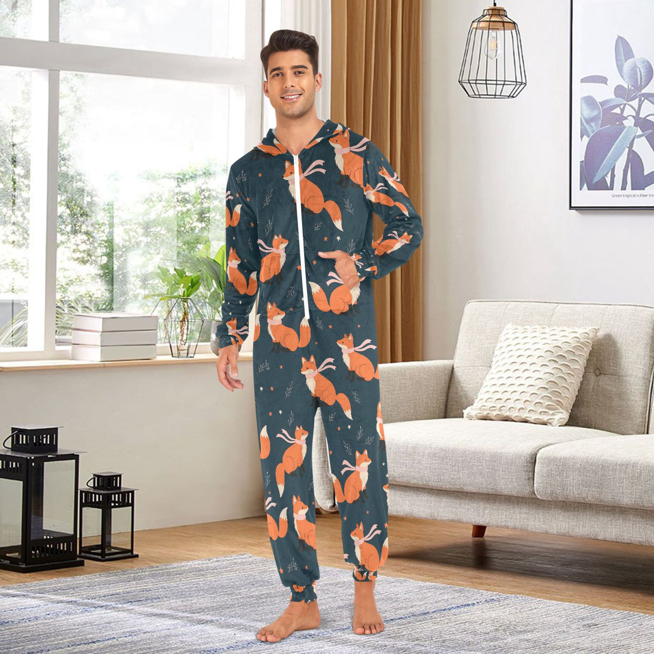 Adult Christmas Onesie Fox with Scarf Adult Zipper One-Piece Pajamas Unisex Pajamas with Pockets